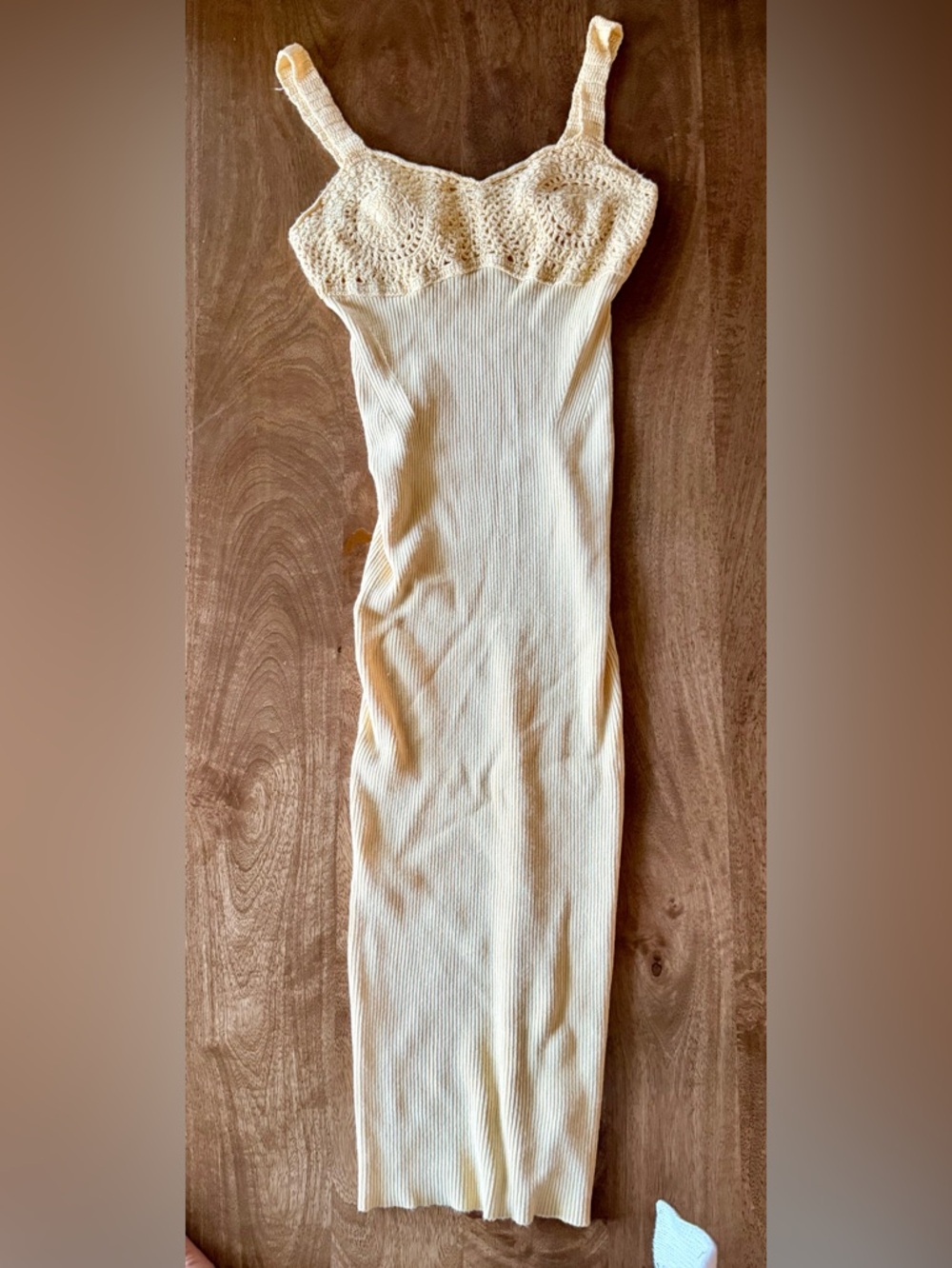 Yellow Ribbed Crocheted Trim Bodycon Dress